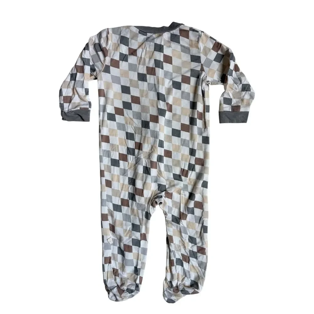 Milkberry Checkered Footie Pajamas (Beige / Cream) - 6-9 Months